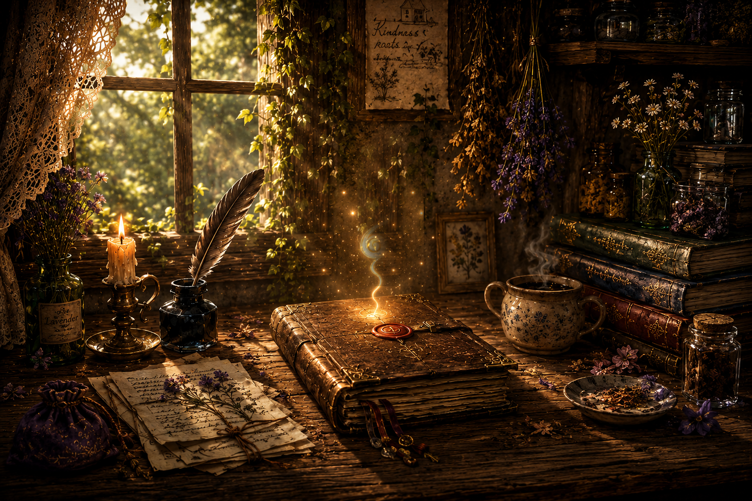 Sawa's warm cottage desk with a sealed journal